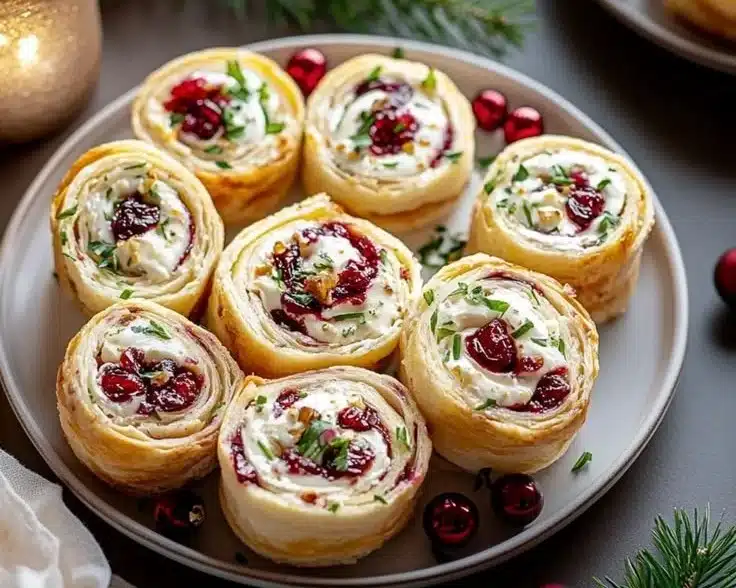 Savory Christmas Cranberry Roll Ups served on a festive platter