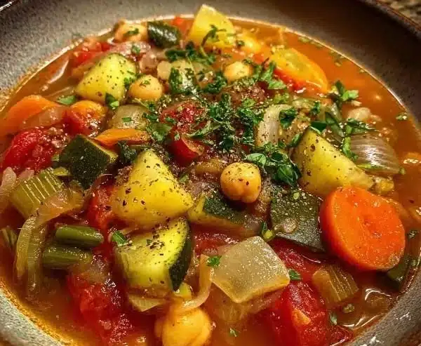 Bowl of hearty Mediterranean Vegetable Soup with fresh vegetables