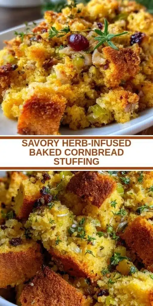 Savory herb-infused baked cornbread stuffing served in a rustic dish.