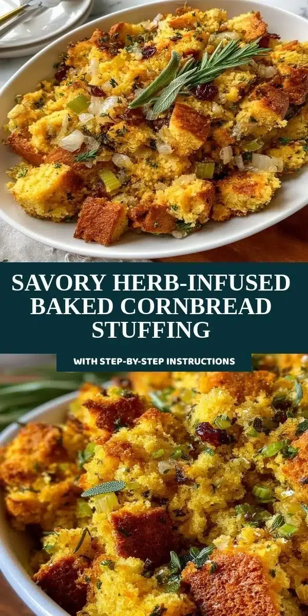 Savory herb-infused baked cornbread stuffing ready for serving