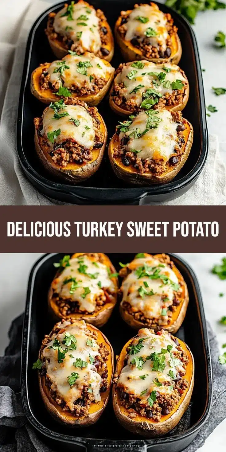 Savory ground turkey stuffed sweet potatoes topped with fresh herbs