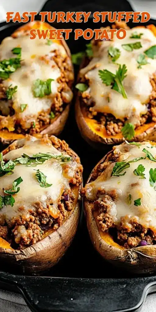 Savory high protein ground turkey stuffed in sweet potatoes