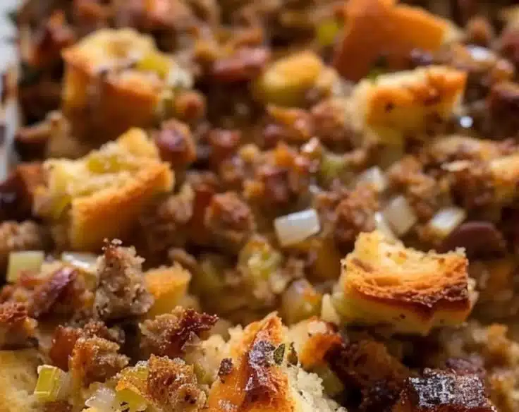 Savory panettone stuffing with Italian sausage served in a festive setting