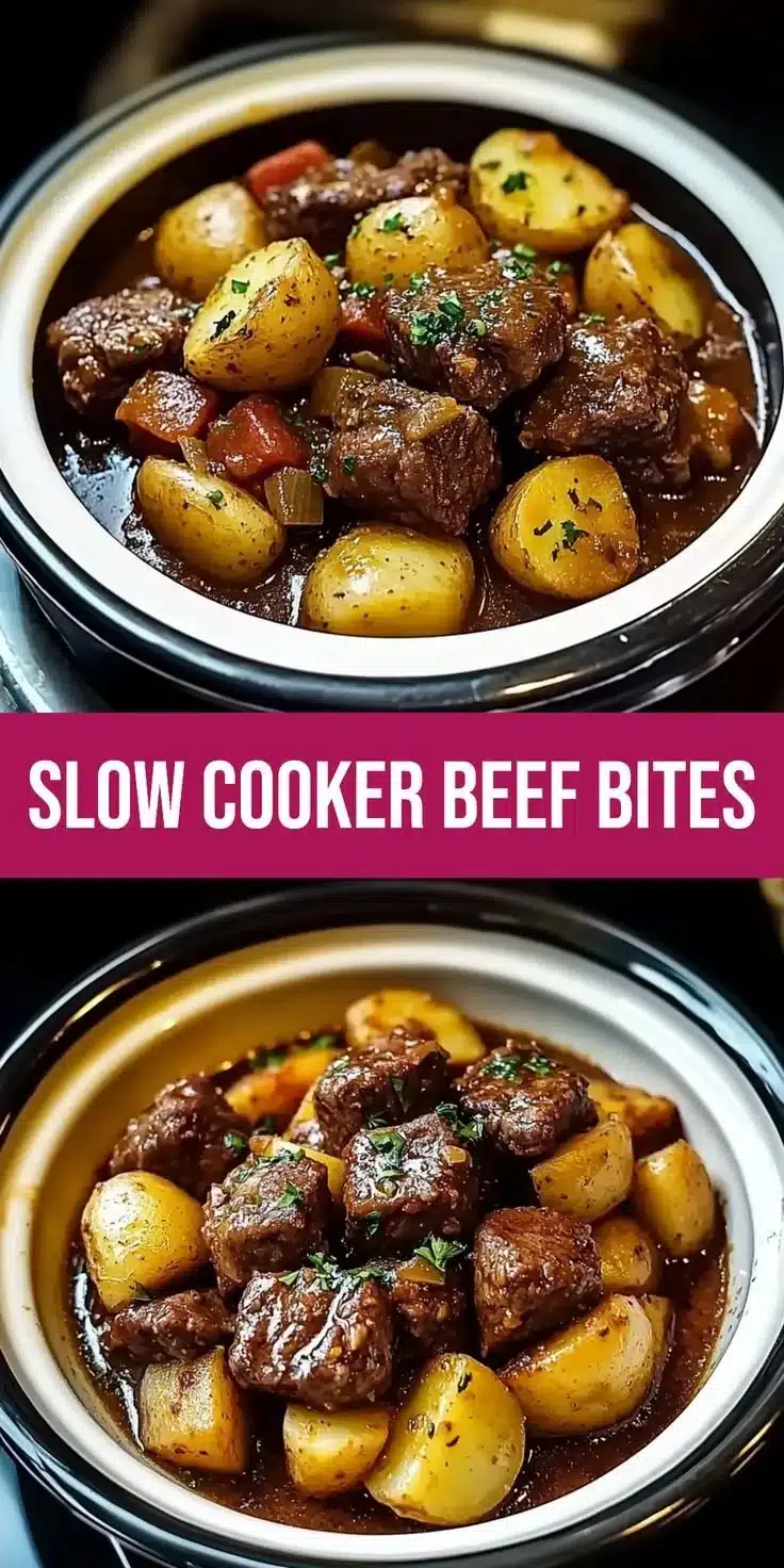 Plate of slow cooker garlic butter beef bites with potatoes, creating a delicious meal.