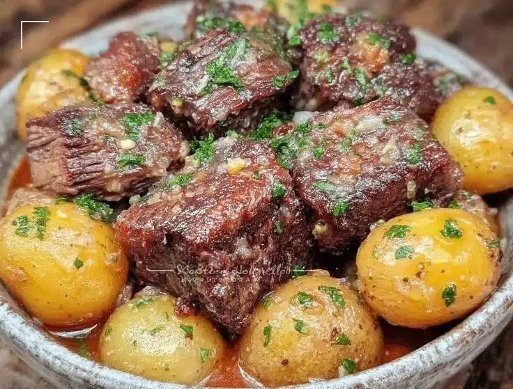 Slow cooker garlic butter beef served with tender potatoes