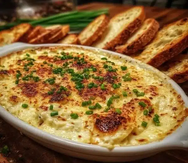 Creamy smoked gouda and onion dip served in a bowl with crackers.
