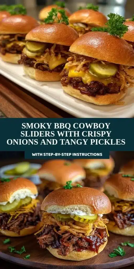 Smoky BBQ Cowboy Sliders with crispy onions and tangy pickles served on a platter.