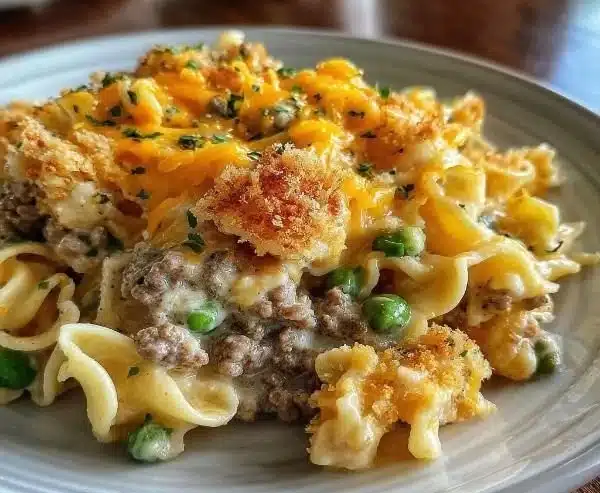 Sour Cream Beef Noodle Casserole served in a baking dish with fresh herbs