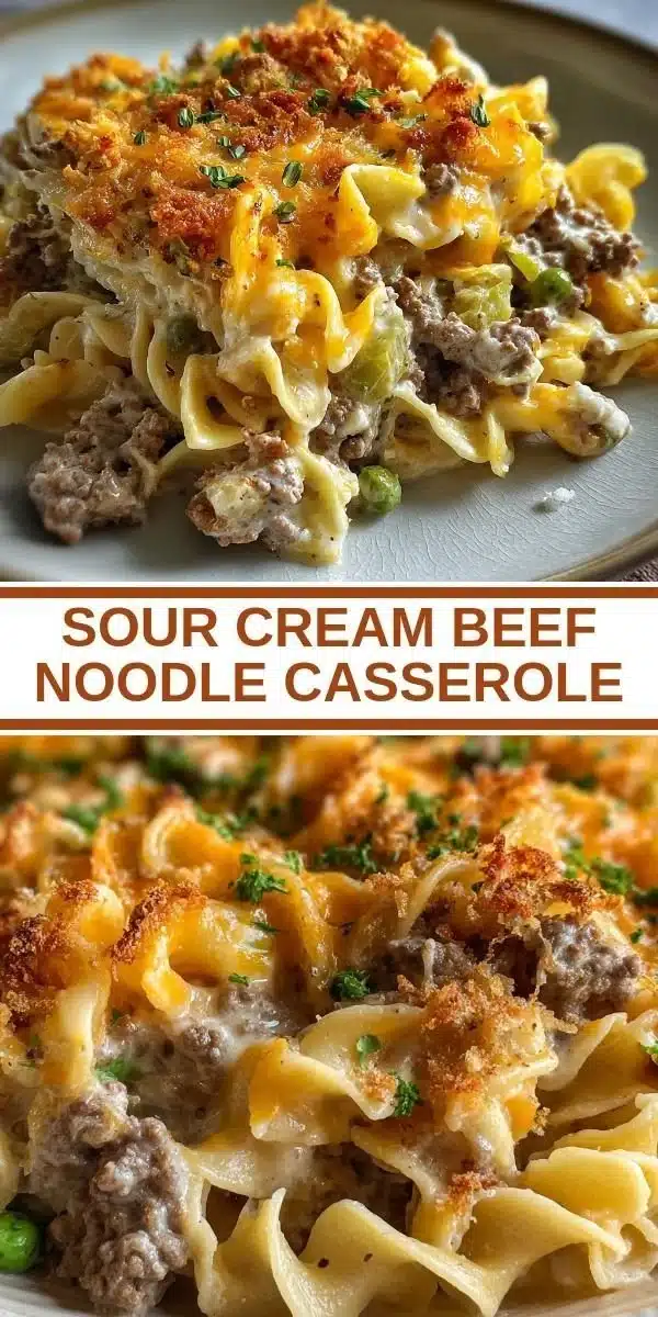 Sour Cream Beef Noodle Casserole topped with cheese and garnished, ready to serve.