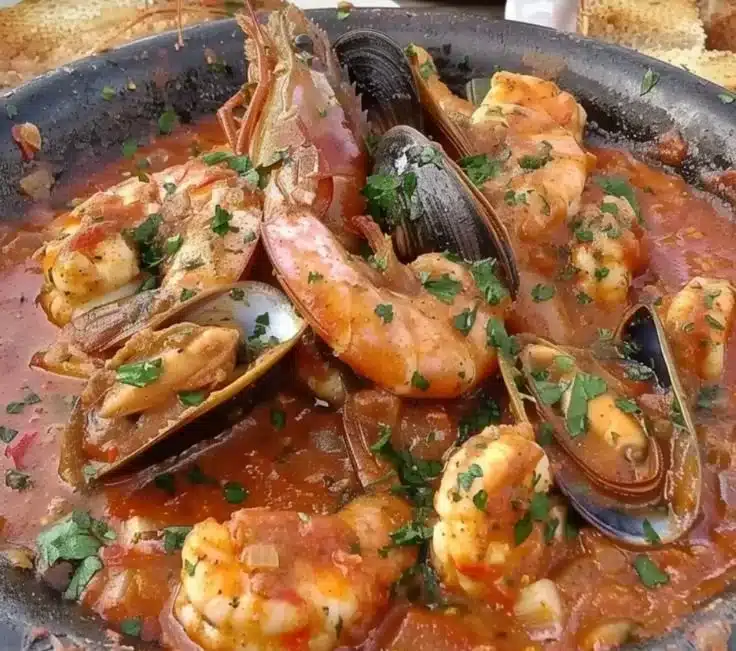 Delicious dish of Spanish seafood zarzuela with fresh seafood and spices