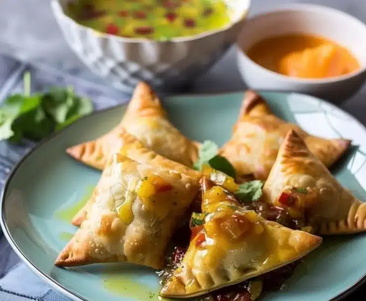 Delicious spiced lamb samosas served with mango chutney