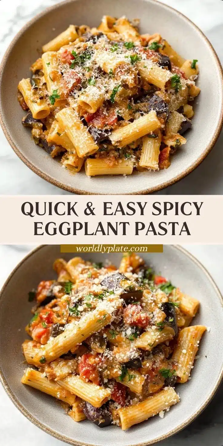 Spicy Eggplant Pasta garnished with fresh herbs and spices.