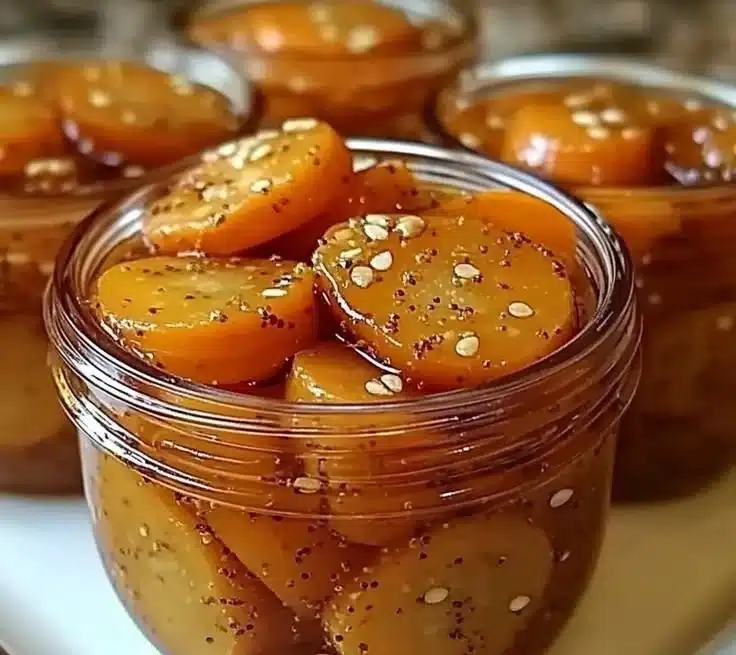 Jar of spicy sweet hot honey pickled carrots ready to serve.