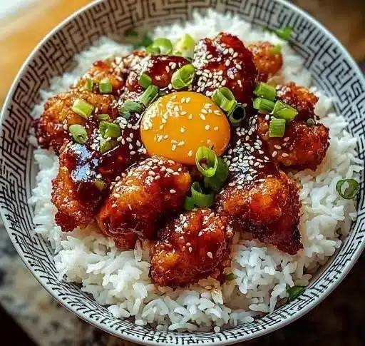 Delicious sticky Korean fried chicken served over rice in a bowl.