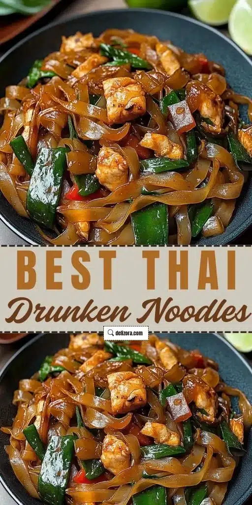 Delicious street style Thai drunken noodles served in a vibrant bowl