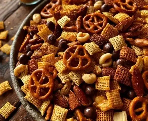Sweet & Smoky Party Mix in a bowl, perfect for gatherings and celebrations
