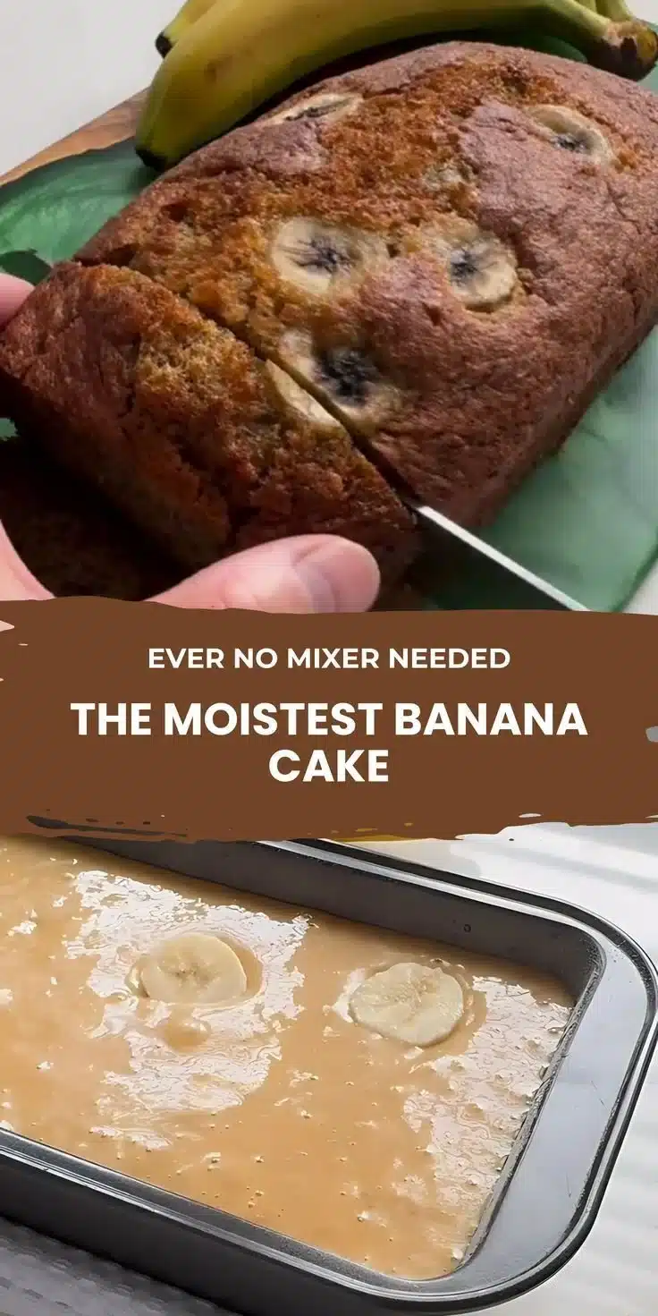 Moist banana cake made without a mixer, served on a plate.