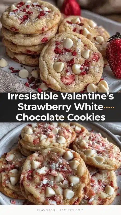 Freshly baked strawberry white chocolate cookies decorated for Valentine's Day