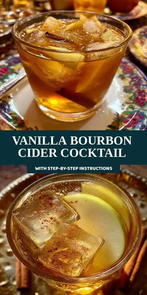 Refreshing Vanilla Bourbon Cider cocktail with apple slices and a cinnamon stick
