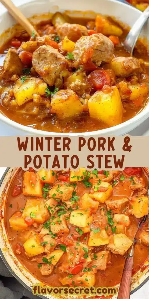 Bowl of hearty winter spiced pork and potato stew with fresh herbs
