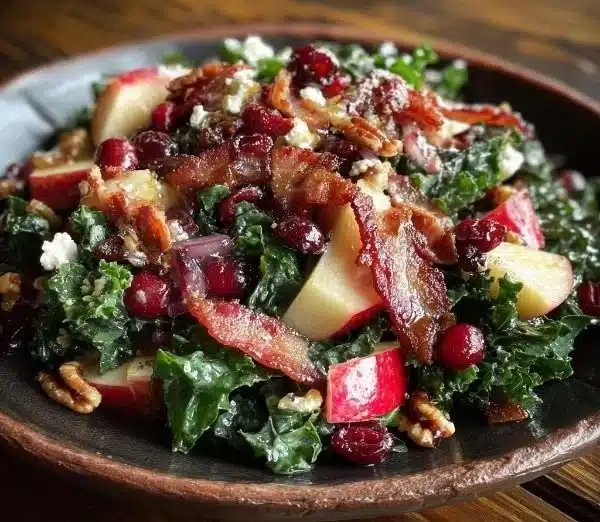 Apple Cranberry Bacon Kale Salad with vibrant colors and fresh ingredients.