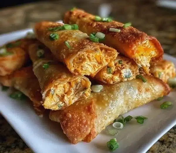 Buffalo Chicken Dip Egg Rolls on a platter, crispy and flavorful appetizer.