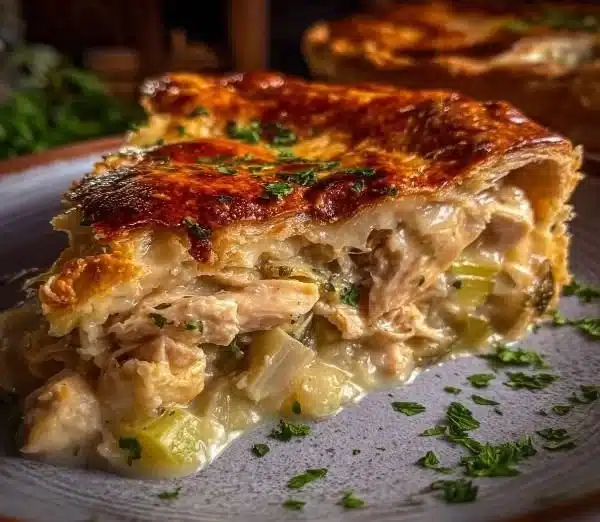 Delicious homemade Chicken and Leek Pie with flaky crust and fresh ingredients