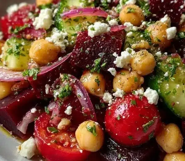 Chickpea salad with beets and feta drizzled with lemon-garlic vinaigrette
