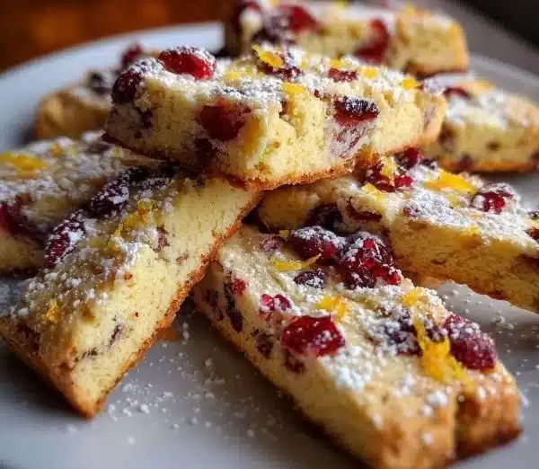 Cozy cranberry orange shortbread cookies on a decorative plate
