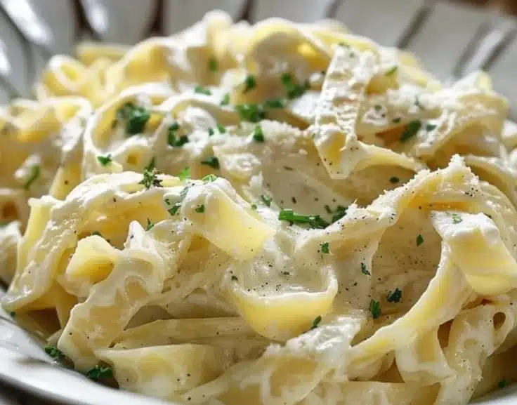 Creamy garlic yogurt pasta served with fresh herbs and grated cheese
