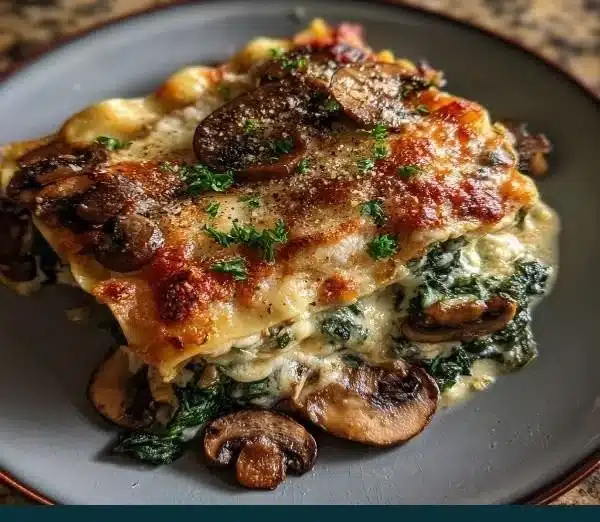 Delicious creamy spinach mushroom lasagna baked to perfection.