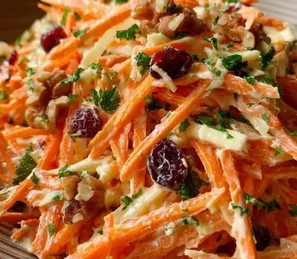 Crunchy apple carrot salad with creamy citrus dressing in a serving bowl.