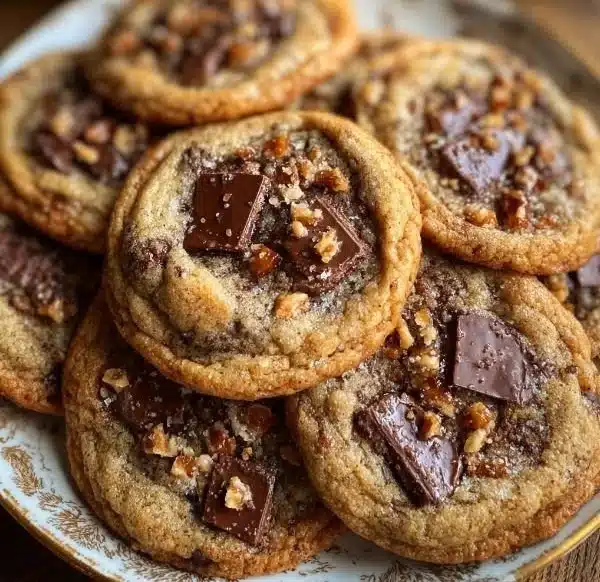 Decadent chewy toffee cookies with rich chocolate chunks on a wooden table