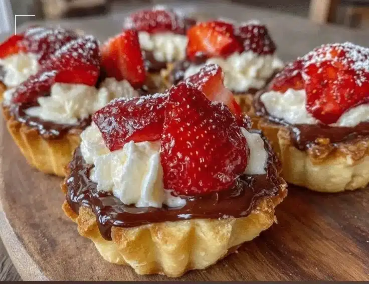 Decadent chocolate-dipped strawberry cream tartlets ready to enjoy.