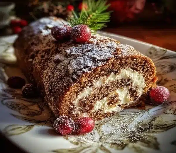 Gingerbread Yule Log Cake decorated for the holidays
