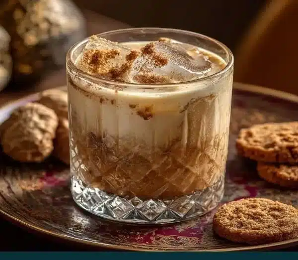 Gingerbread White Russian holiday cocktail with festive decorations