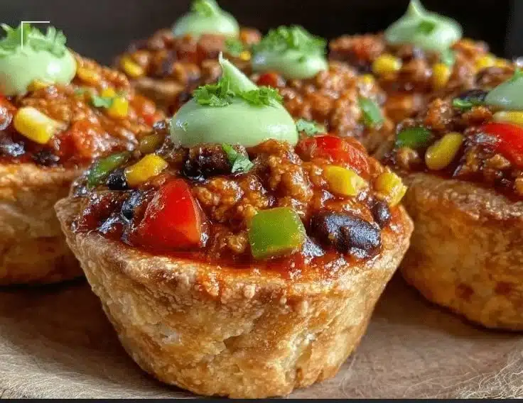 Healthy baked turkey chili cups served in a colorful dish