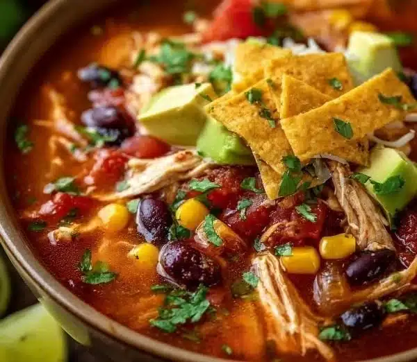 Bowl of hearty crockpot chicken tortilla soup topped with tortilla strips and cilantro.