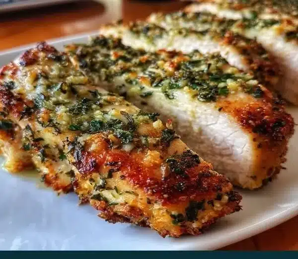 Herb-crusted turkey breast with garlic, seasoned and ready to serve.