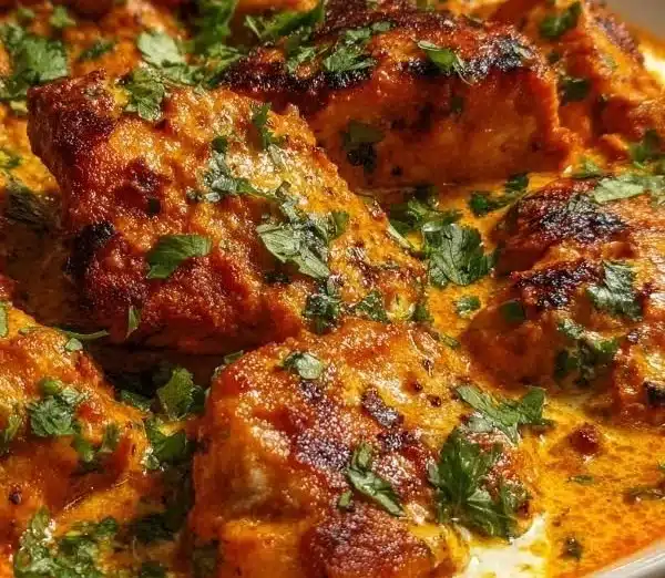 Delicious homemade butter chicken served with rice and naan bread