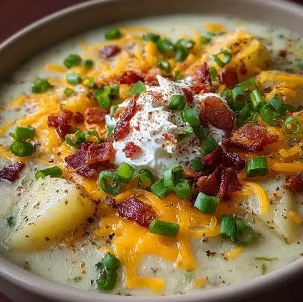 Bowl of creamy loaded baked potato soup with toppings like cheese and bacon
