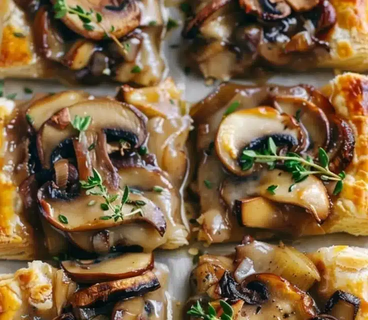 Luxe mushroom and thyme puff squares on a platter ready to serve
