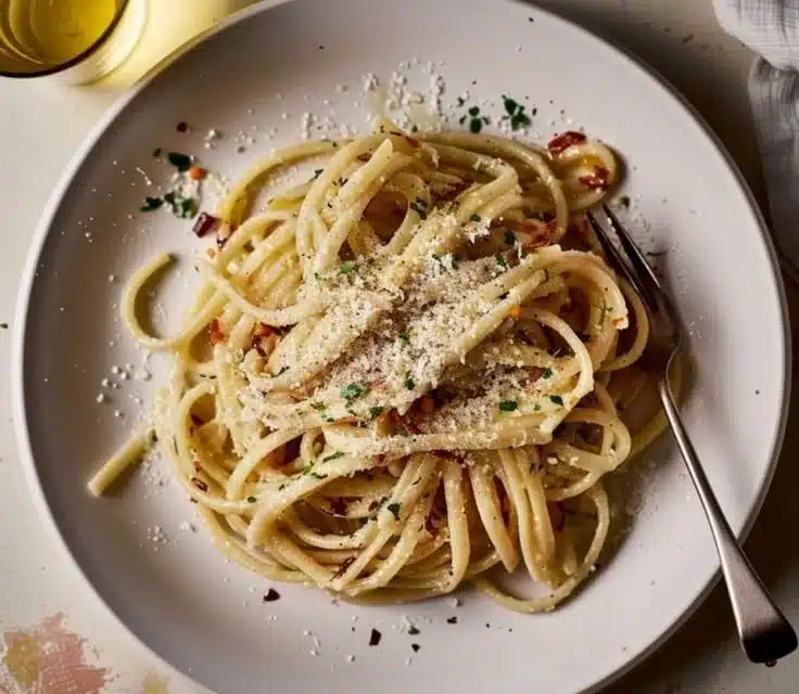 Midnight Buttered Noodles with fresh herbs and butter in a bowl.