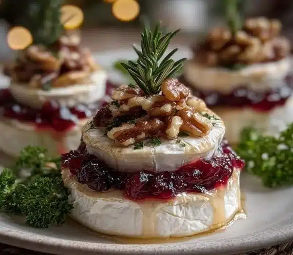 Mini Brie Christmas Trees arranged on a festive holiday platter