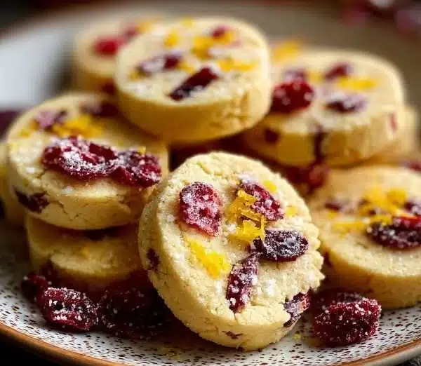 Delicious Orange Cranberry Shortbread Cookies on a decorated plate