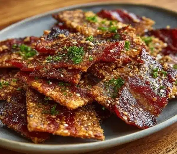 Delicious Parmesan Candied Bacon Crackers on a serving platter