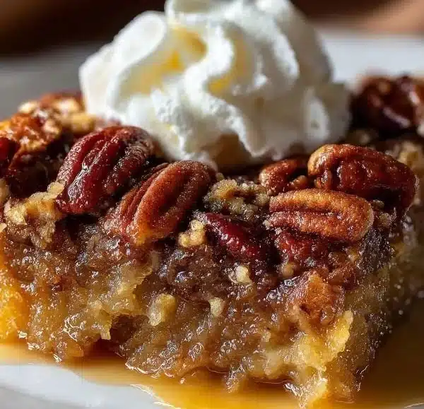 Delicious Pecan Pie Dump Cake topped with pecans and caramel sauce