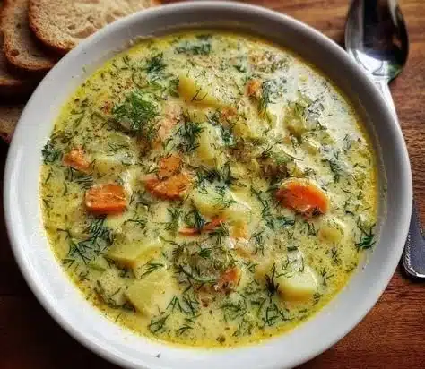 Bowl of Polish Dill Soup garnished with fresh dill, a traditional hearty dish.