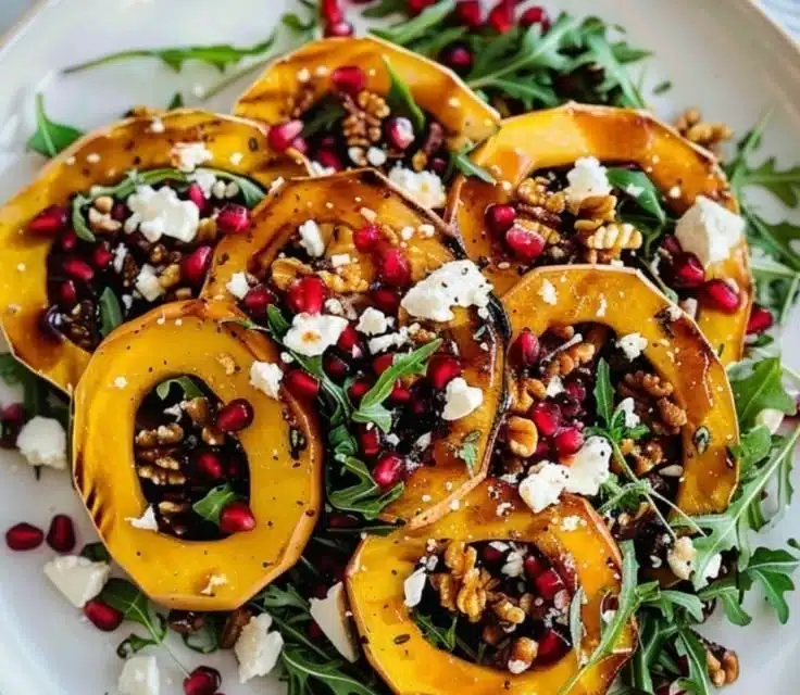 Plate of Pomegranate Molasses Roasted Delicata Squash drizzled with pomegranate seeds.