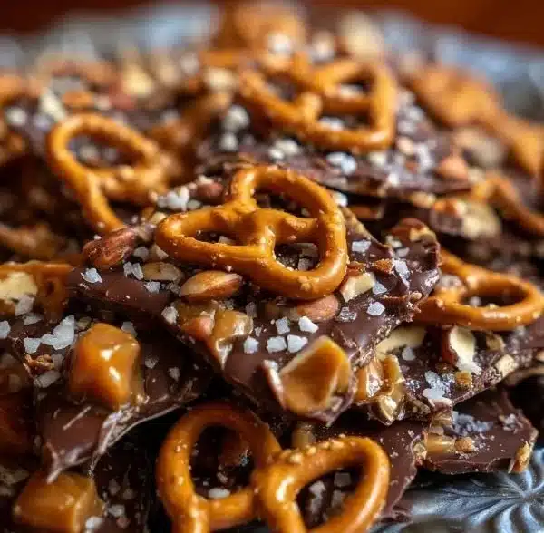 Delicious salted caramel pretzel bark topped with chocolate and sea salt.